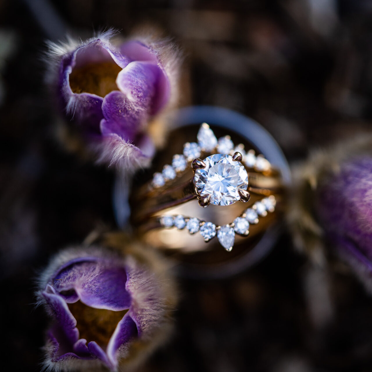 diamond wedding ring set in pasque flowers