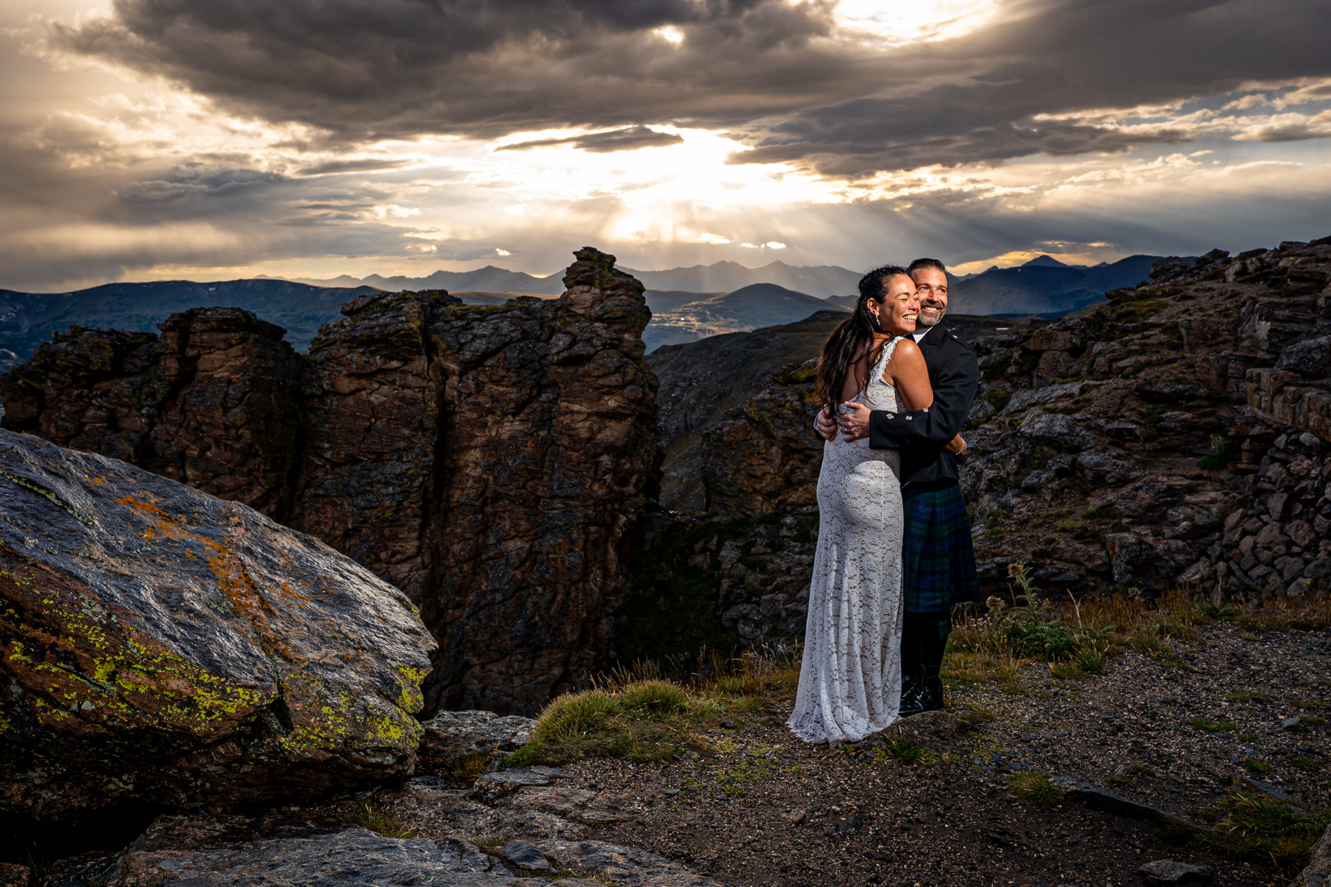 Romantic adventure wedding photo at sunset by Estes Park wedding photographer