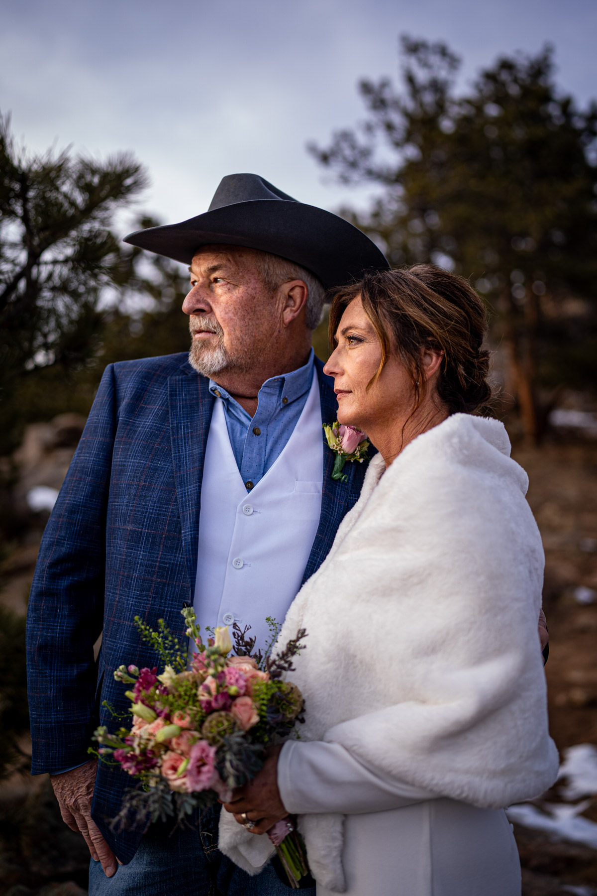 portrait of newly married older couple in rocky mountain national park