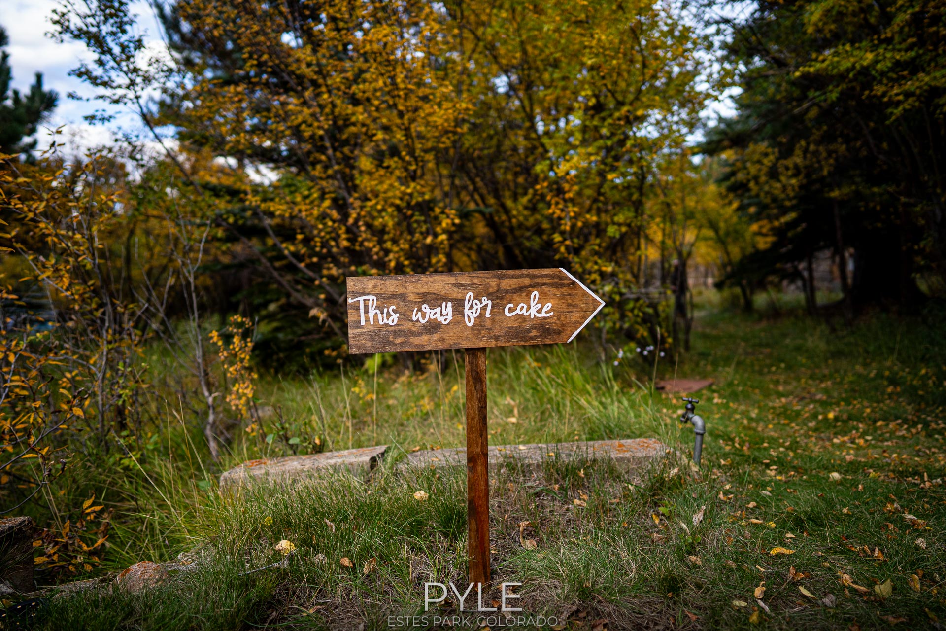 "this way for cake" sign at the Riversong Inn Retreat, Estes Park Colorado