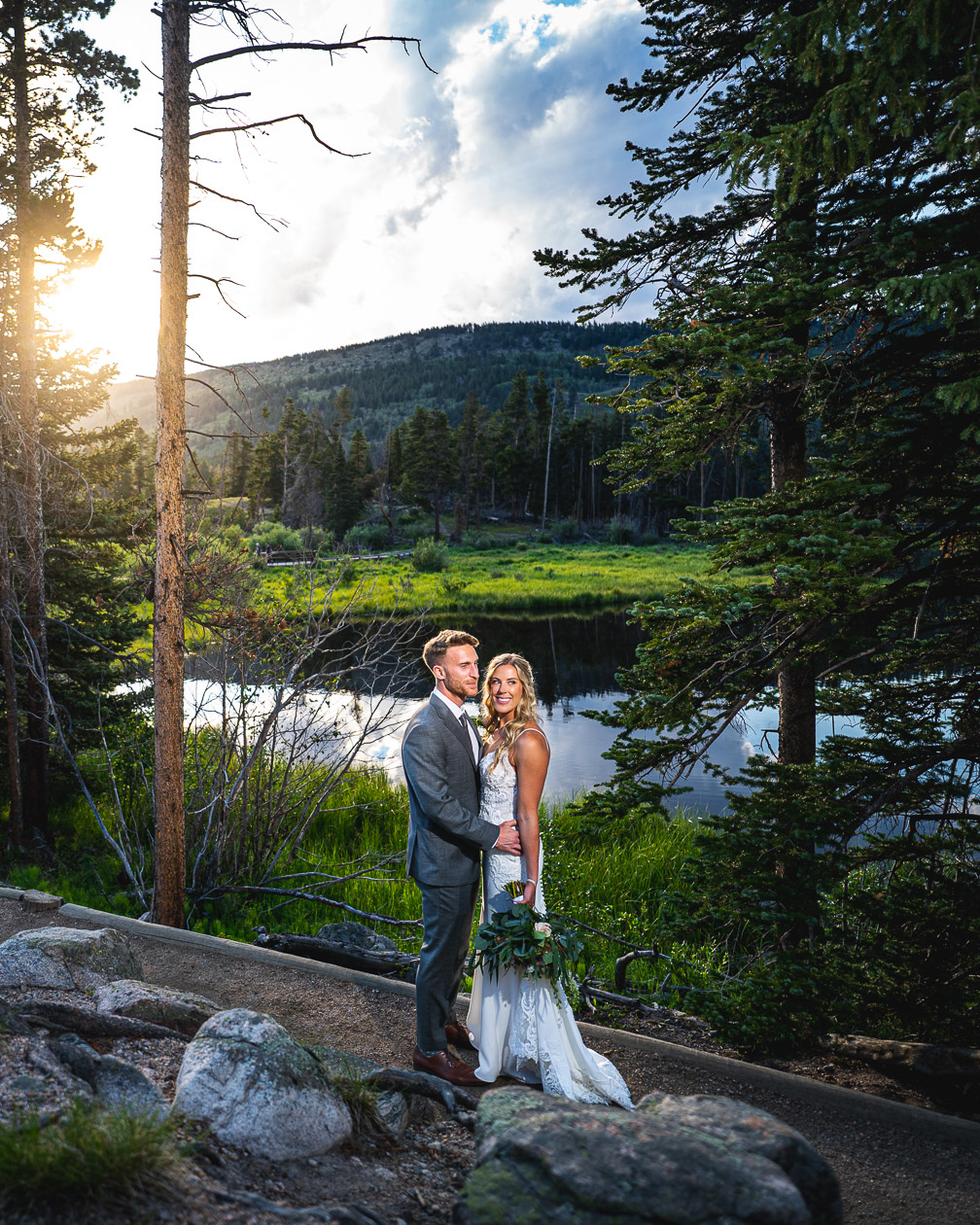 Local, Estes Park residents Joe and Kari Pyle, capture a beautiful couple for their Sprague Lake Wedding