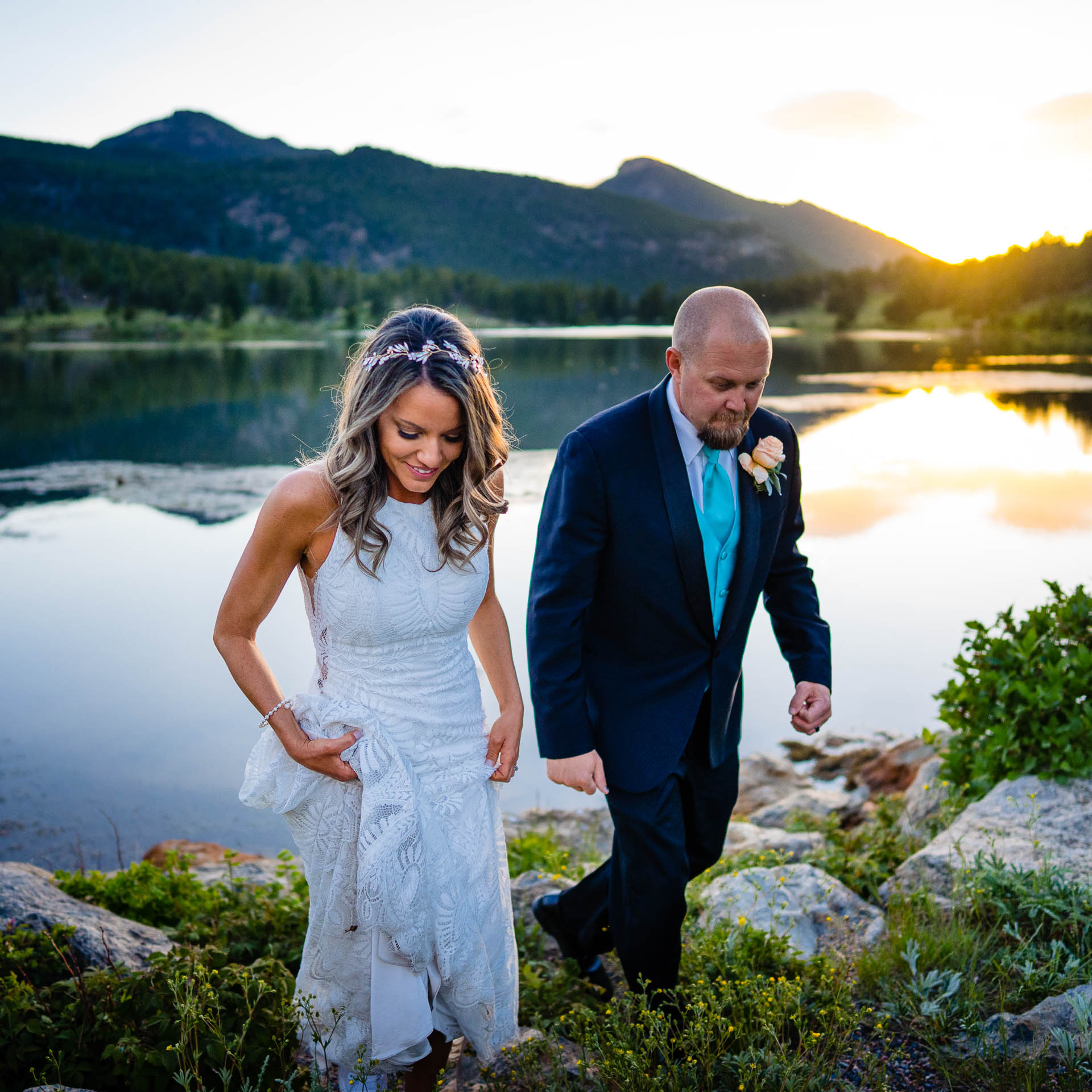 lily lake wedding photographer, joe and kari pyle, capture newlywed couple at lily lake for their after wedding photos