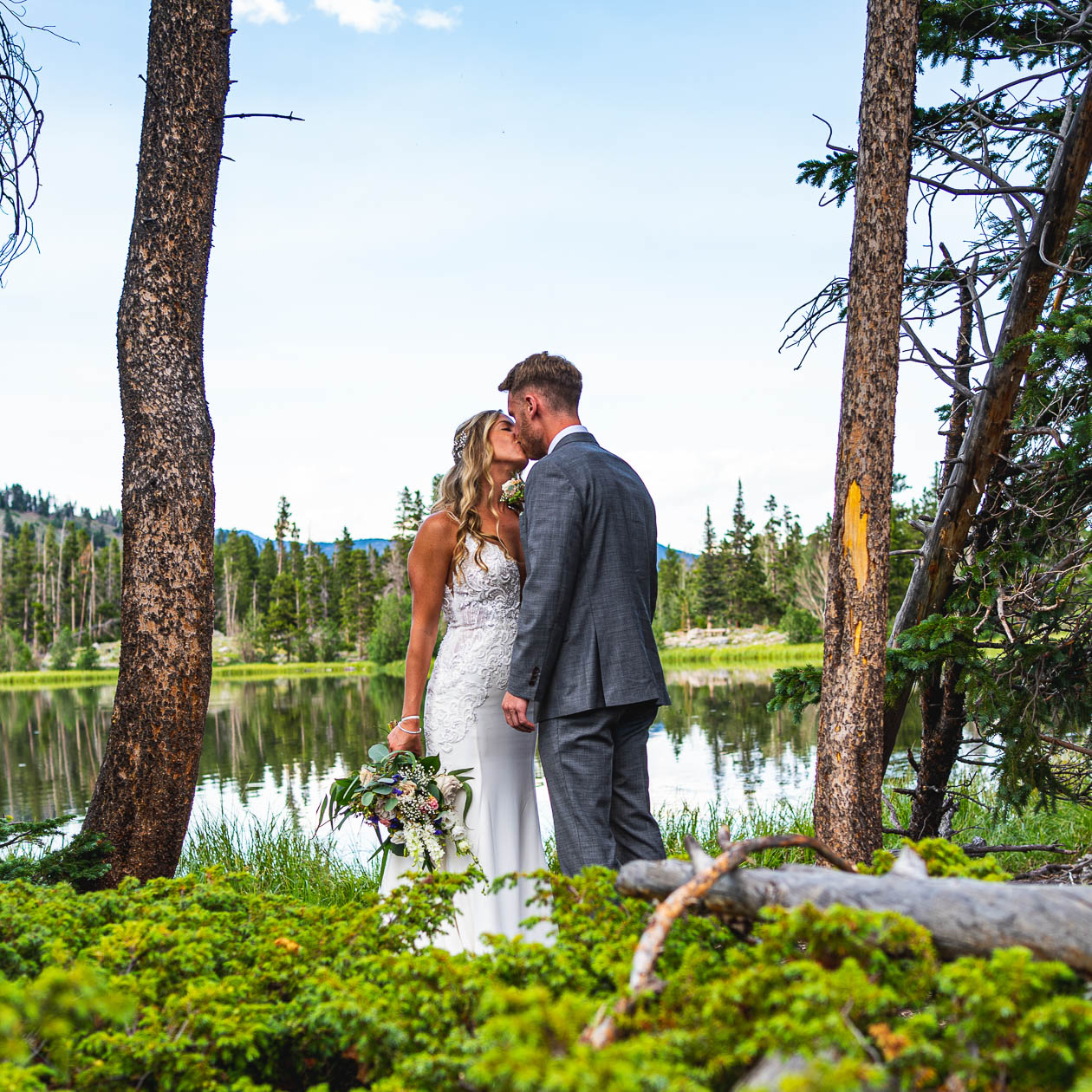 rocky mountain national park wedding photographer captures newlywed couple at Sprague Lake, RMNP