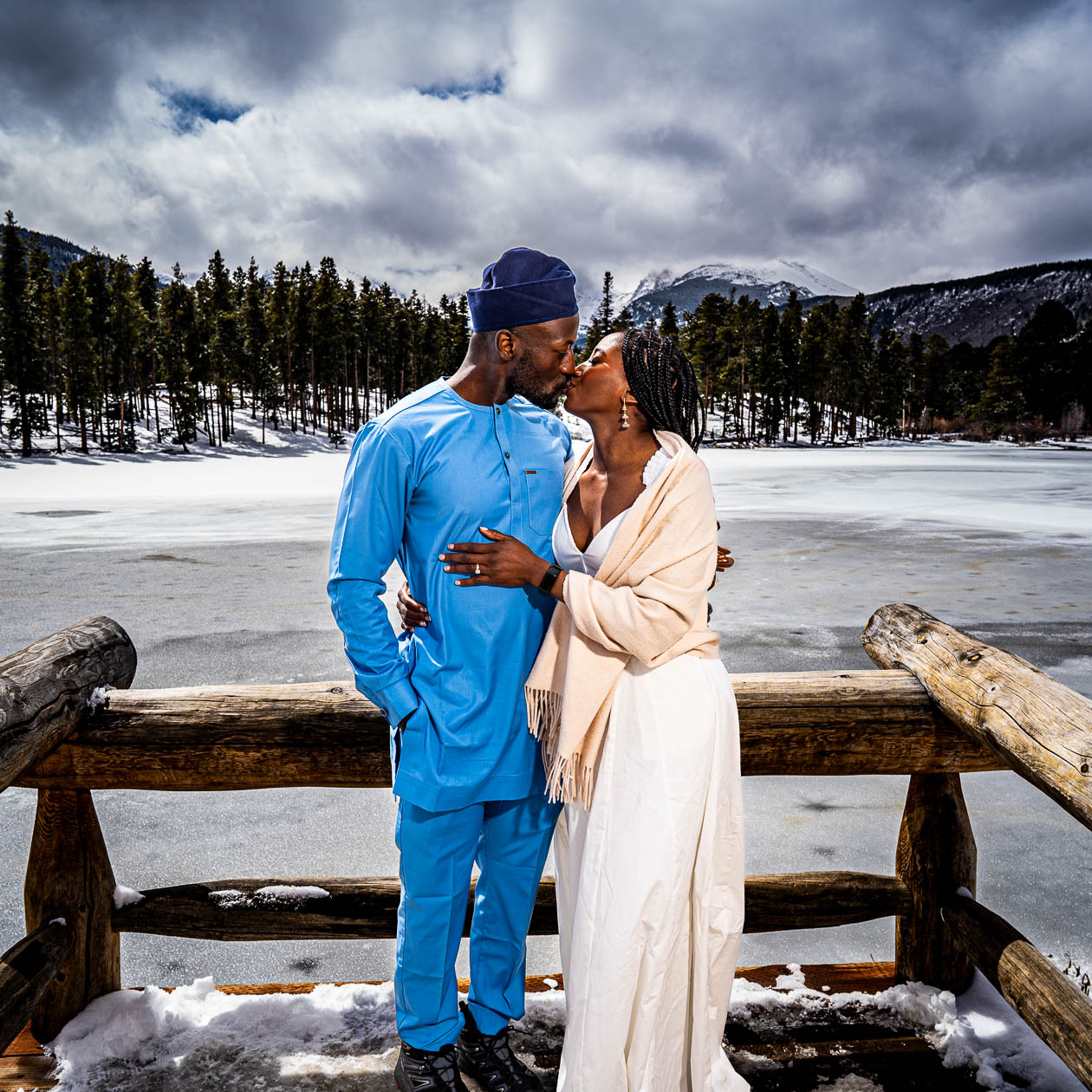 rocky mountain national park wedding photographer captures newlywed couple at Sprague Lake, RMNP