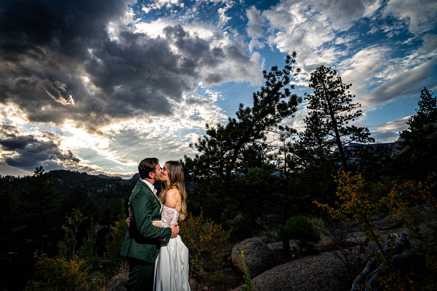 bride and groom on their wedding day in Estes Park Colorado