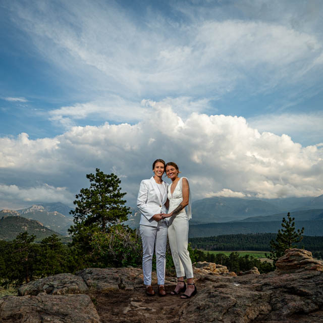 Lesbian couple in Rocky Mountain National Park on their wedding day