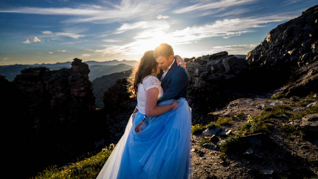 Beautiful sunset photo of a couple in Rocky Mountain National Park, just after their elopement